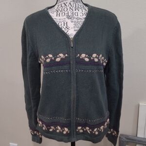 Vintage Eddie Bauer Women's SZ Med. Zip Cardigan embroidery forest green Y2K